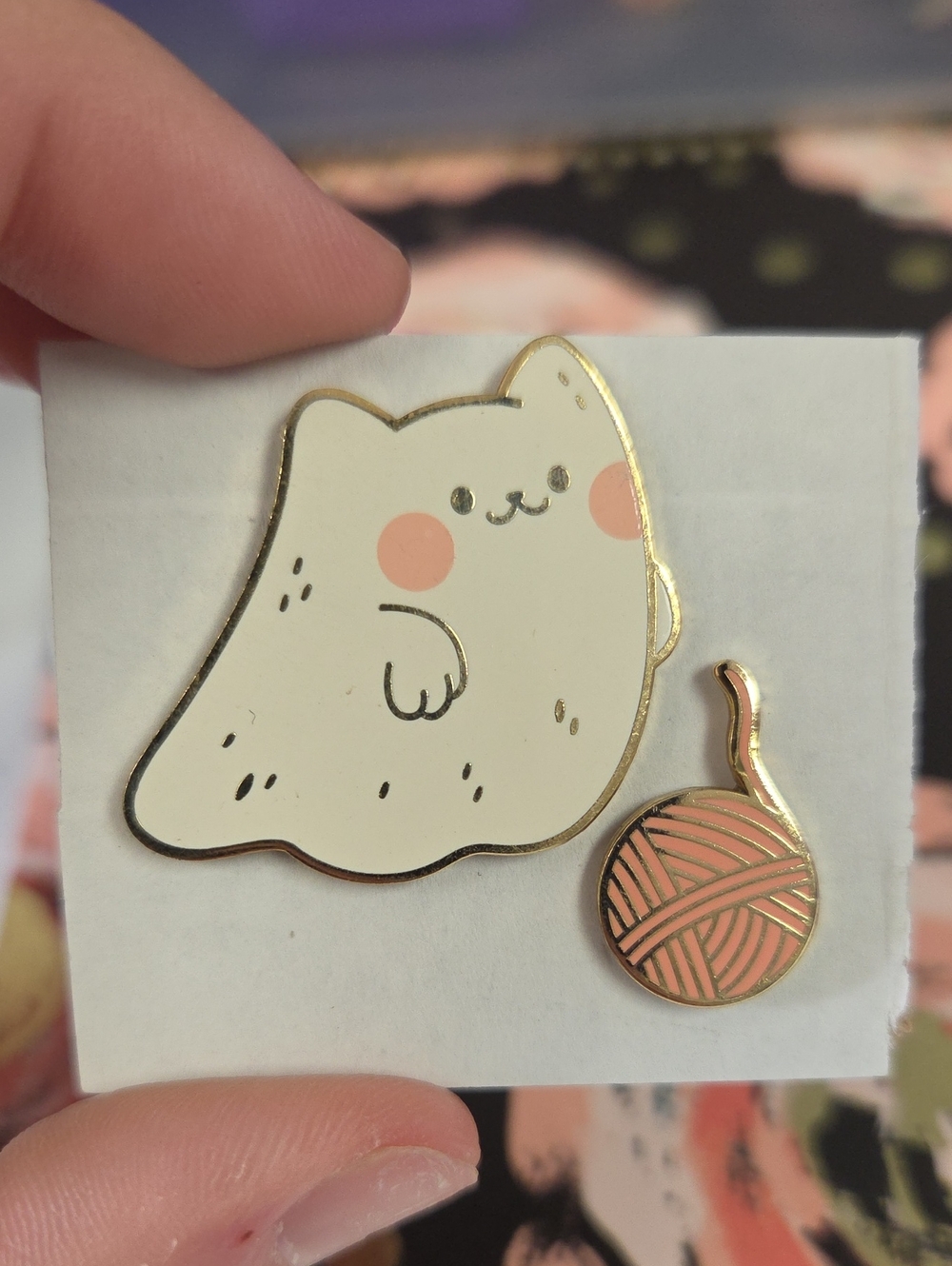 Cute Ghost Cat Enamel Pin - White & Pink Yarn Two Piece Set